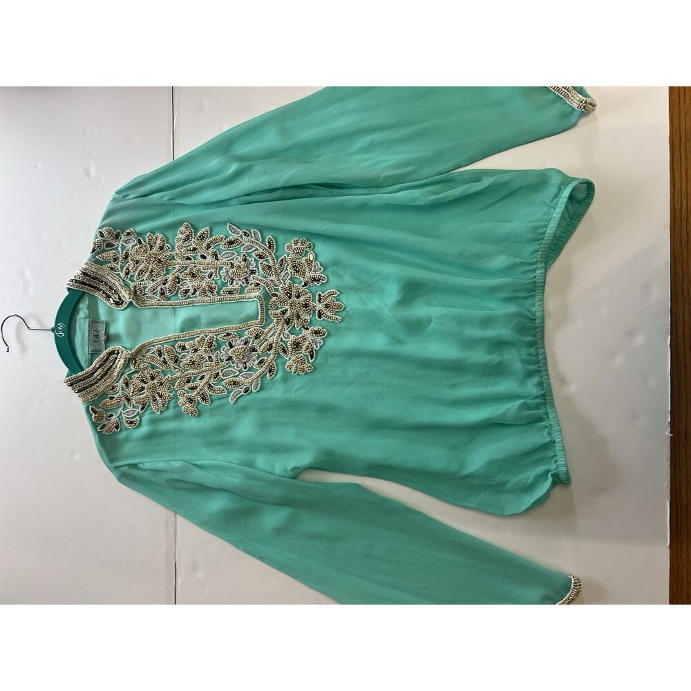 Sabrina Crippa Taj Blue Turquoise Silk Beaded Embroidered Cover Up Sheer Top Sm - Picture 9 of 10